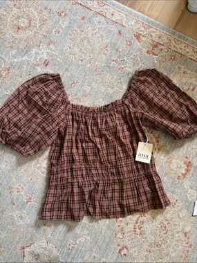 A.N.A. Plaid Puff-Sleeve Square-Neck Blouse (S)